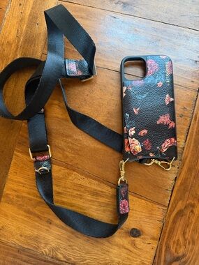 Bandolier Black Floral Crossbody iPhone 13 Case with Strap